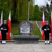 Pomnik Konstytucji 3 Maja z wartą honorową Marynarki Wojennej i flagami Polski
